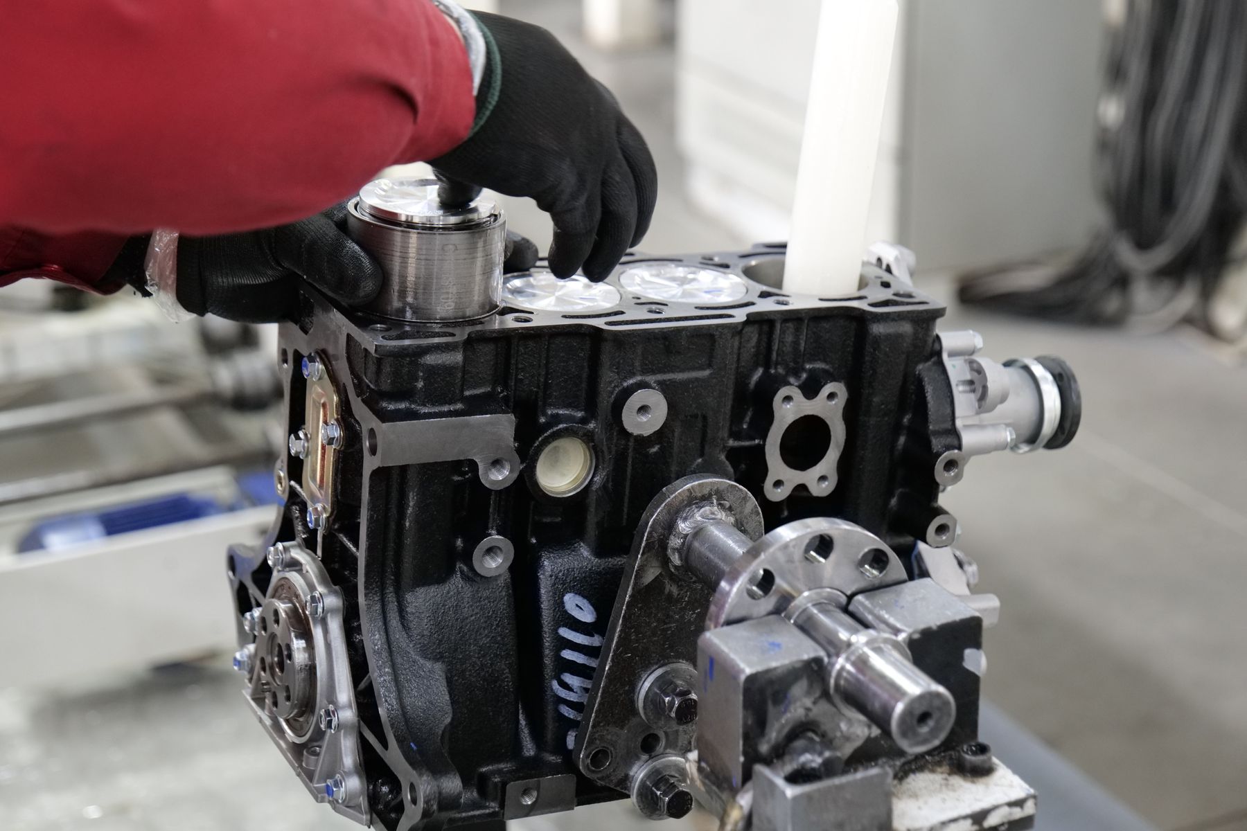 Engine block being assembled on a stand